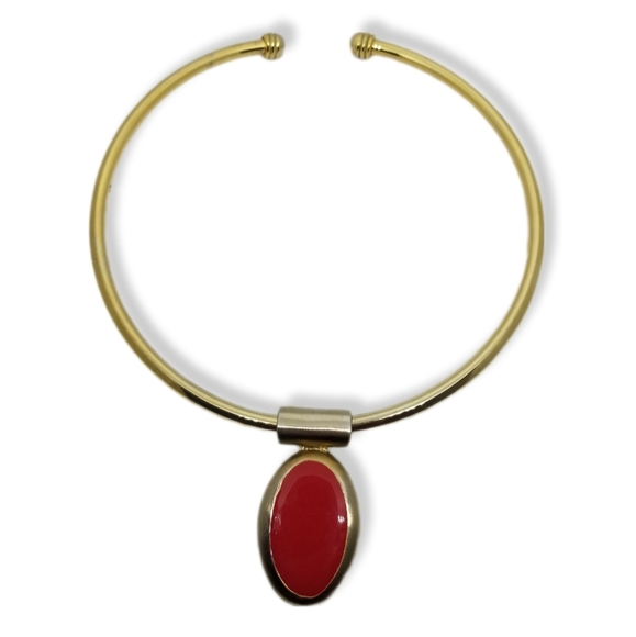 VINTAGE MODERNIST STATEMENT GOLDTONE COLLAR NECKLACE WITH RED ENAMEL PENDANT - Picture 3 of 7